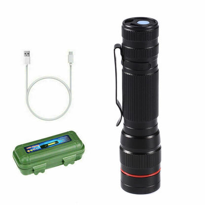 Black LED flashlight with USB charging cable and green protective case.