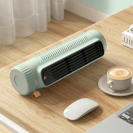 Green portable desktop standing fan with front grille and side vent fins, cylindrical