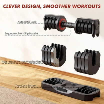 Adjustable dumbbell set with ergonomic non-slip handle and automatic lock design