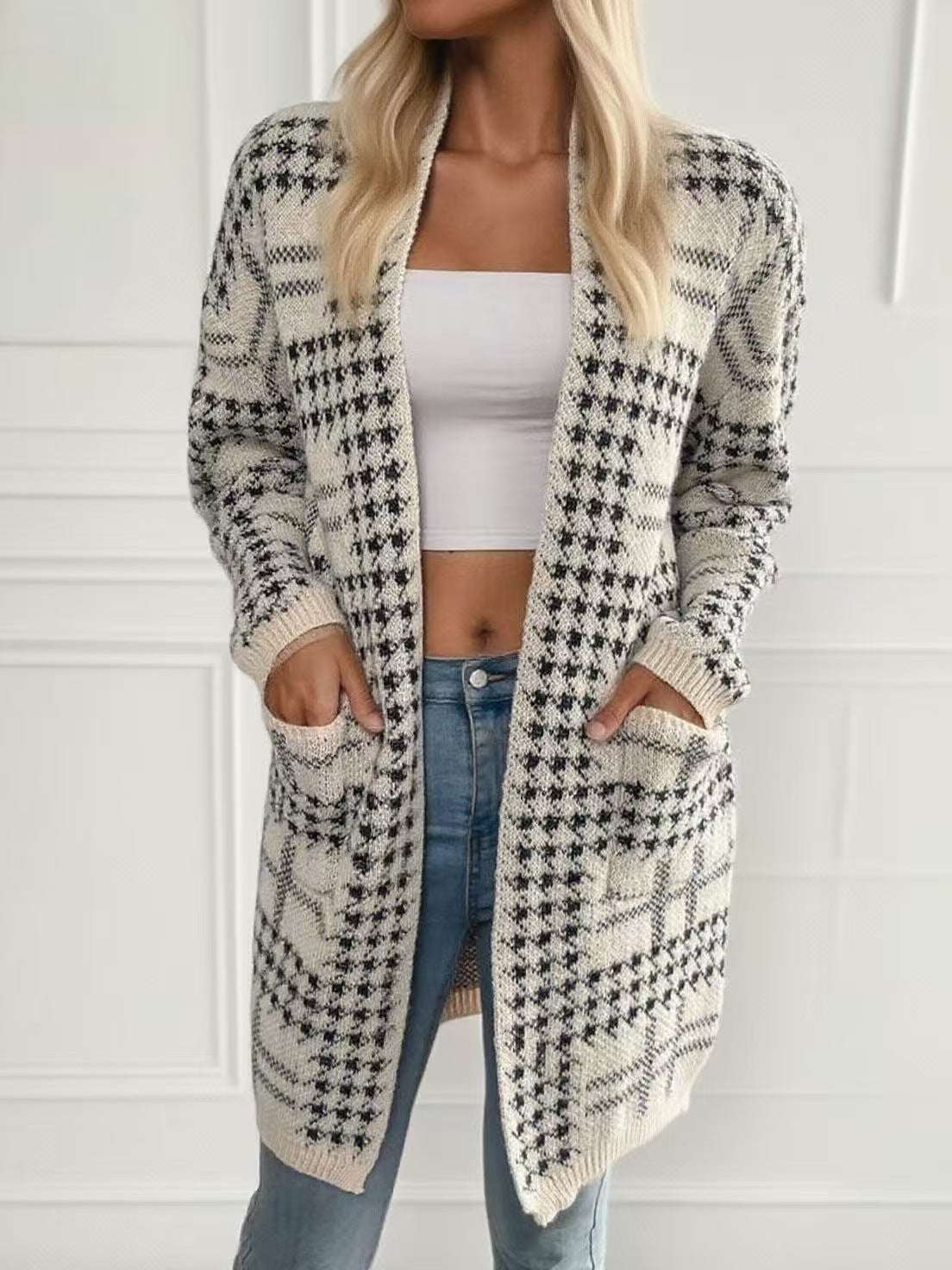 Women's Houndstooth Knitted Long Jacket - Elegant Coat Women's Houndstooth Knitted Long Knitted | Ectron Online