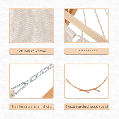 White cotton hammock fabric with stainless steel chain and arched wood stand