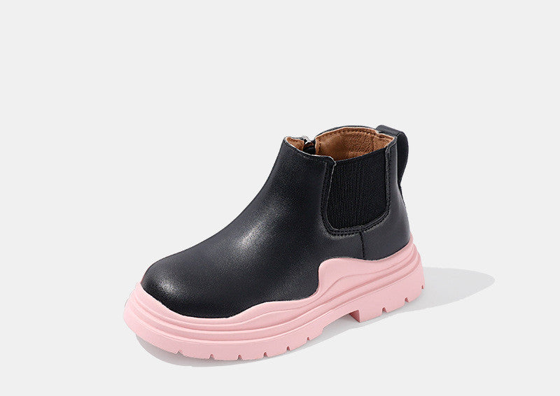 Kids leather Chelsea boots, black with pink tread sole and side elastic