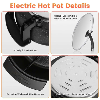Electric hot pot details: side handles, vented bottom, and glass lid with knob.