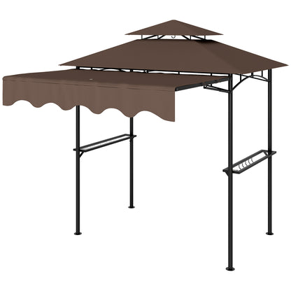 Brown grill gazebo shelter with scalloped side valance and black support legs