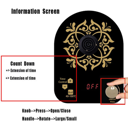 Decorative black and gold electronic device with digital display and control knobs.