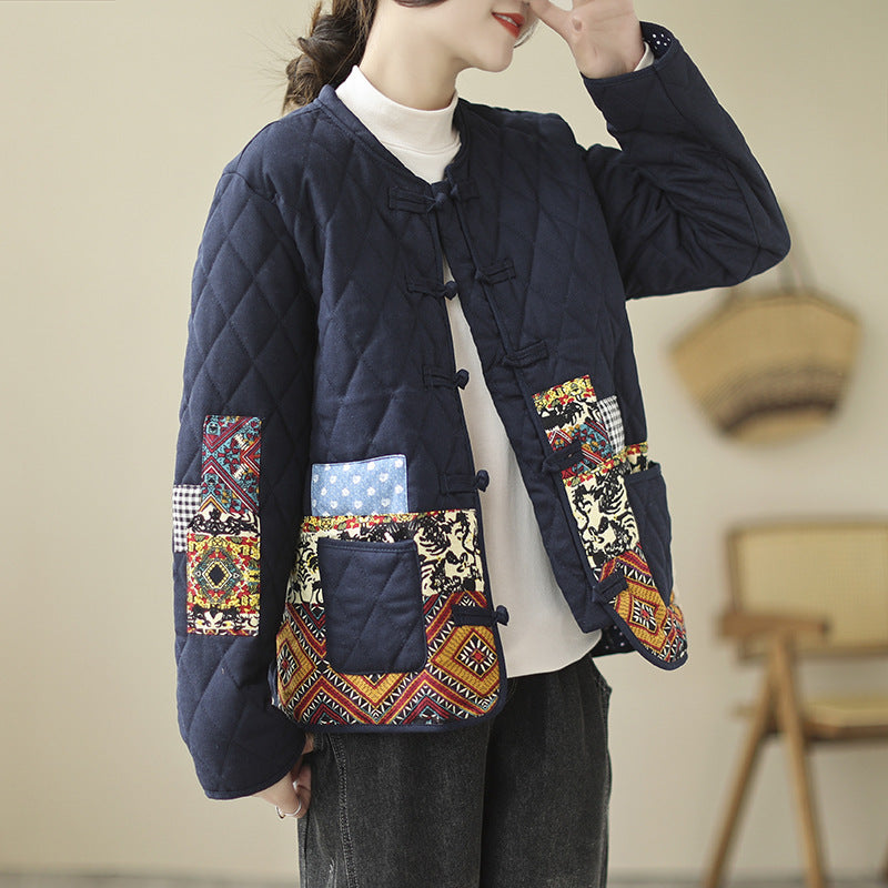 Vintage Patch Cardigan Loose Casual Buckle Rhombus Cotton-padded Jacket