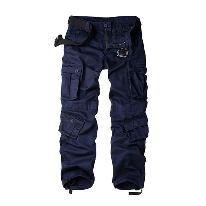 Men's cargo pants in dark navy with multiple cargo pockets and adjustable waistband strap
