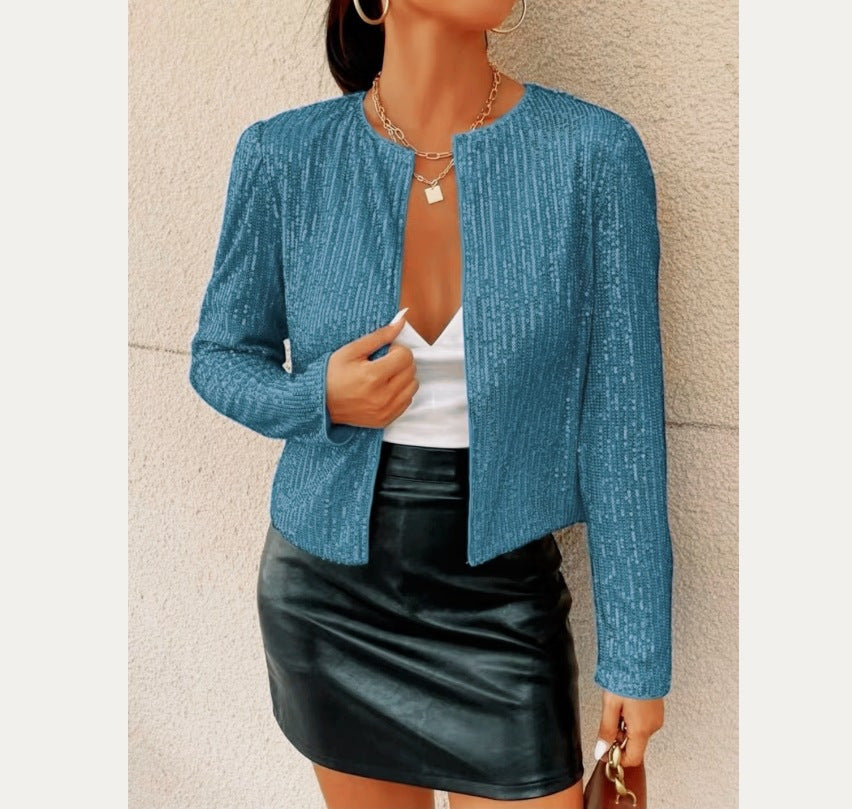 Fashion Colorblock Sequins Short Casual Jacket