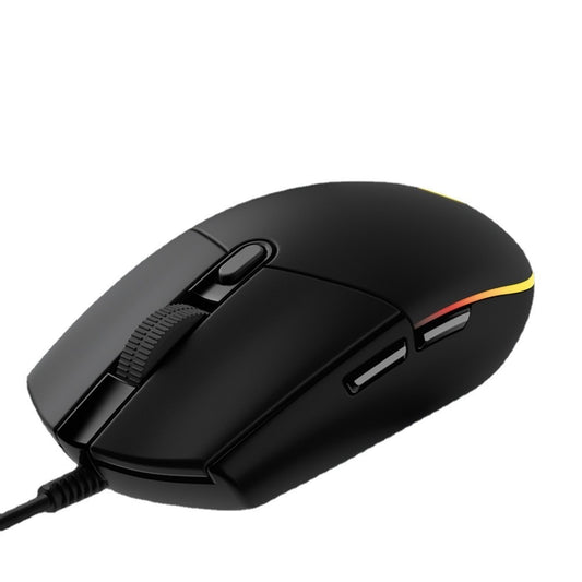 Black gaming mouse with scroll wheel and side button cluster, RGB accent strip on side.