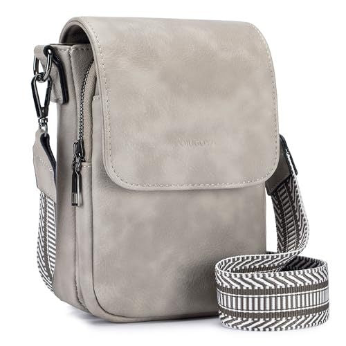 Small gray crossbody bag with flap, side zipper, adjustable shoulder strap, striped wrist strap