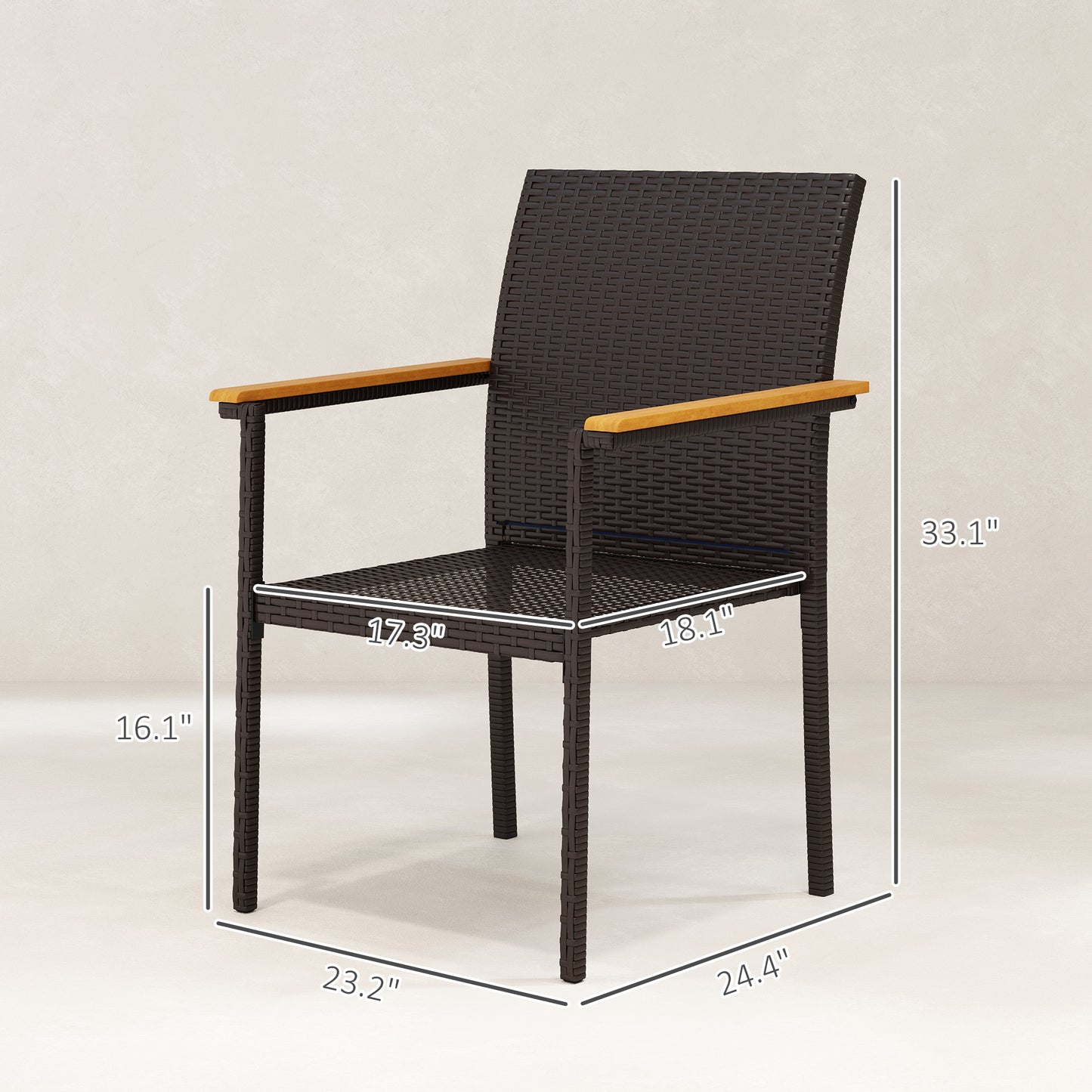 Wicker patio dining chair with dark frame, blue seat cushion, and wood armrests