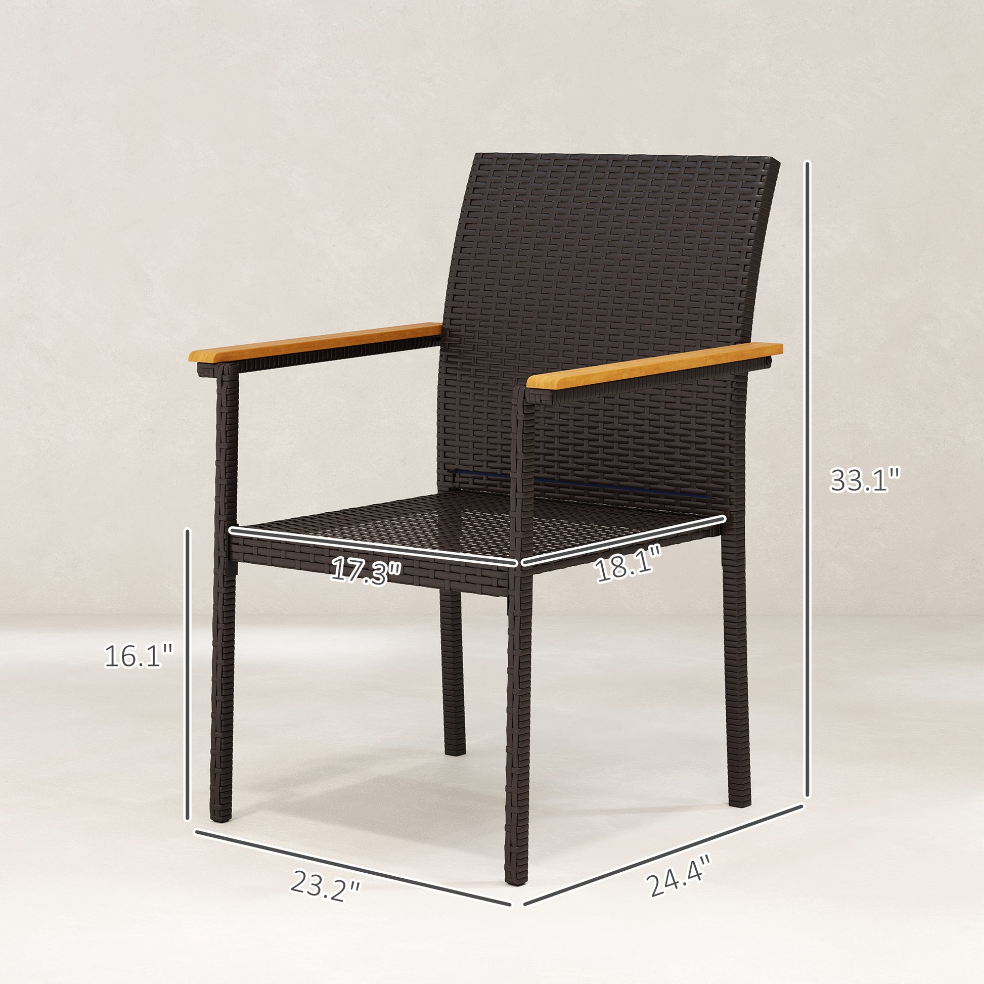 Wicker patio dining chair with dark frame, blue seat cushion, and wood armrests