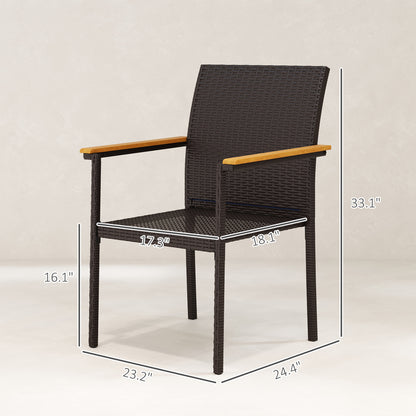 Wicker patio dining chair with dark frame, blue seat cushion, and wood armrests