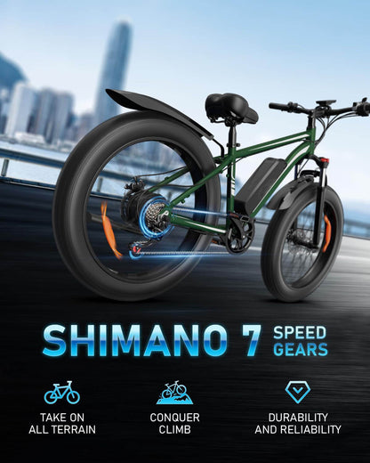 Electric fat tire bike, green frame with front headlight and rear fender