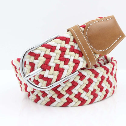 Simple Stretch And Breathable Canvas Woven Belt featuring a red and cream woven design with a leather accent.