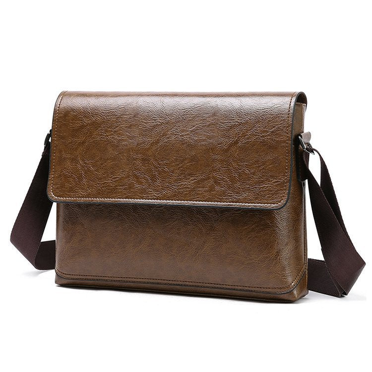 Men's PU leather briefcase shoulder bag, khaki front flap with adjustable strap