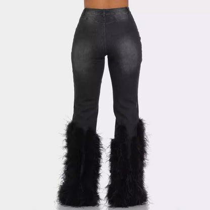 Artificial Wool Ripped Beaded Stretch Jeans