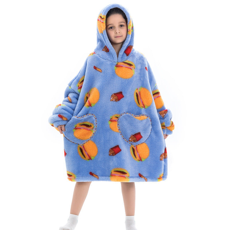 Kids' oversized thermal sweatshirt, light blue with colorful food print, hooded