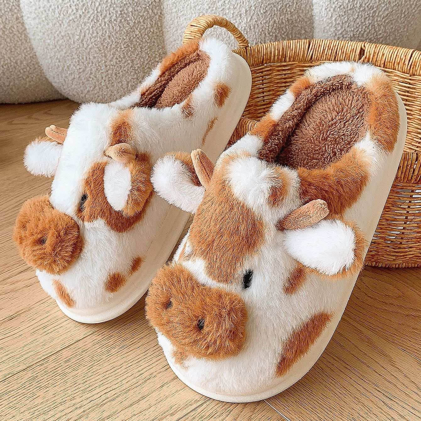 Cute Cartoon Cow Plush Slippers – Warm, Non-Slip for Couples Cute Cartoon Cow Plush Slippers Winter W | Ectron Online
