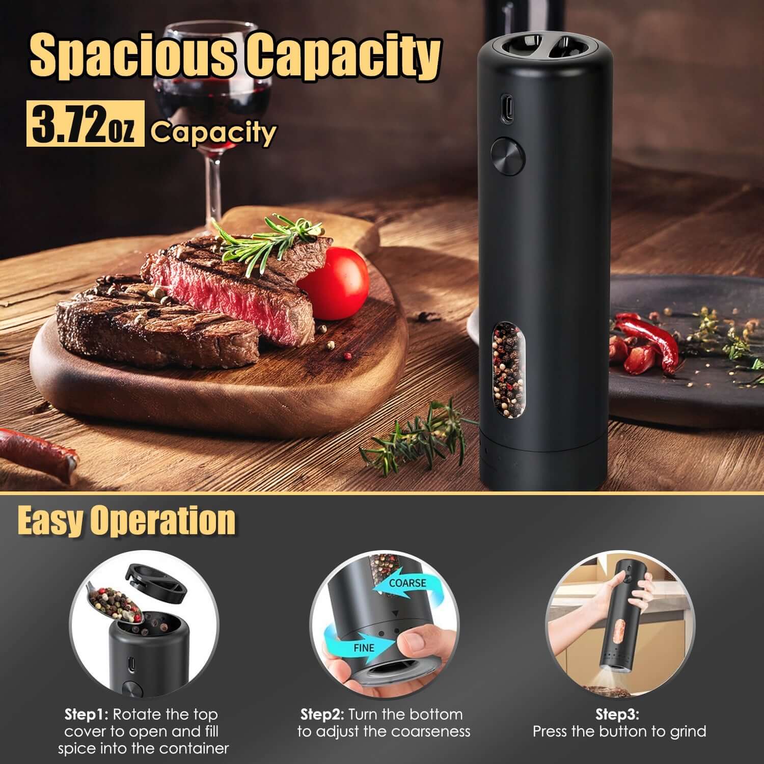 Rechargeable Electric Pepper Grinder - 6 Levels Adjustable Coarseness 1Pc Electric Pepper Grinder USB Recharg | Ectron Online
