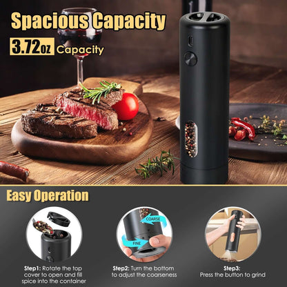 Black rechargeable electric pepper grinder standing on a table with peppercorn window