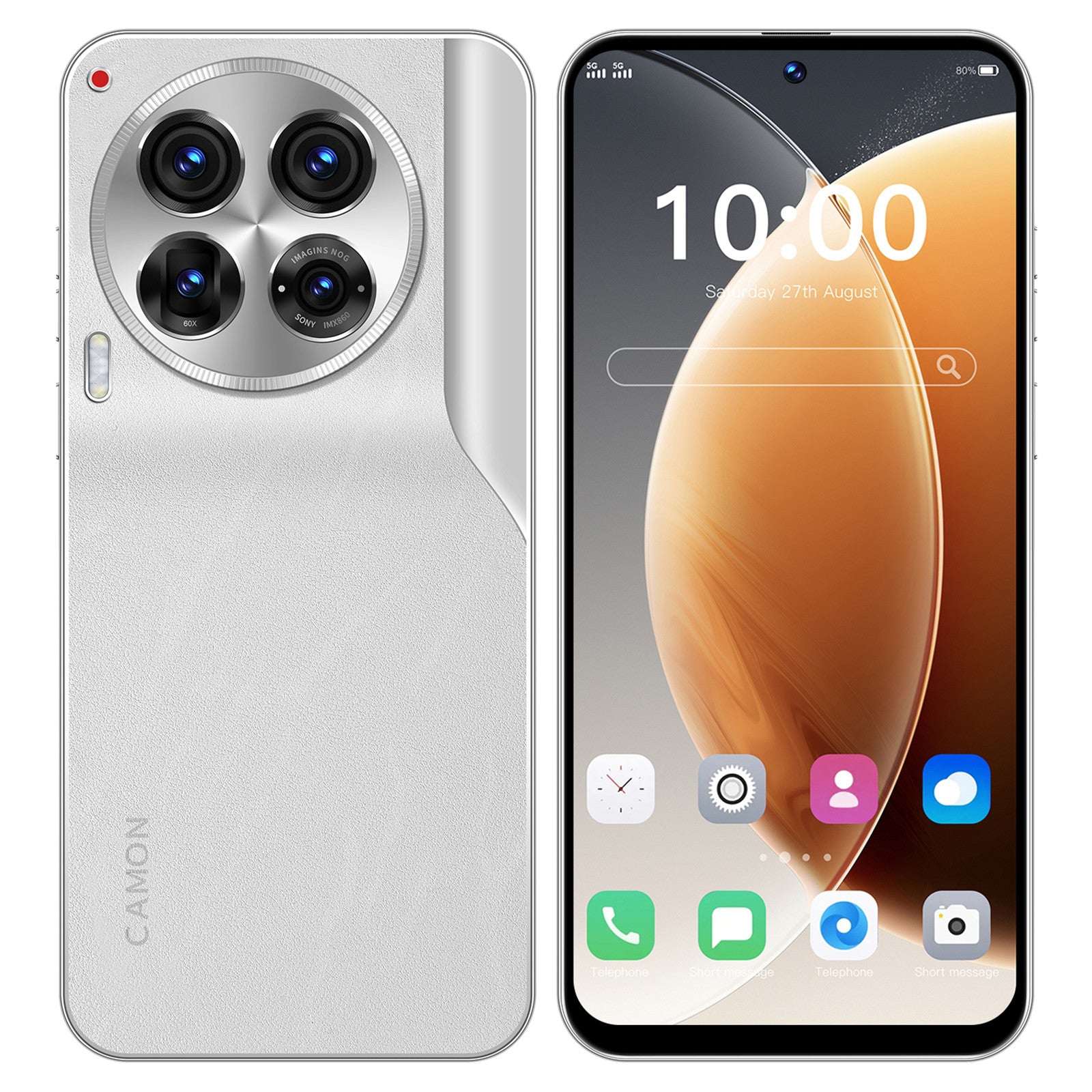 White unlocked smartphone with quad rear cameras and front home screen