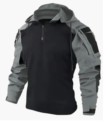 Black and gray jacket with a zipper on a white background