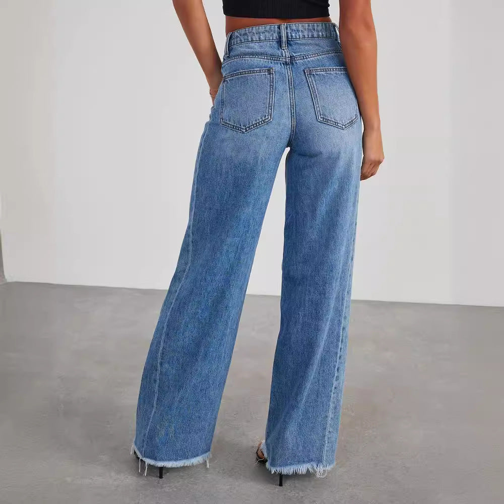 Women's Loose Wide-leg Side Seam Stitching Frayed Hem Jeans