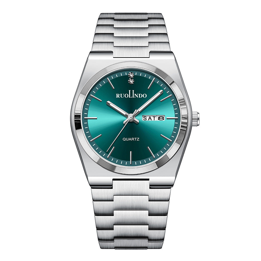 Stainless steel luminous men's wrist watch with green dial and metal bracelet