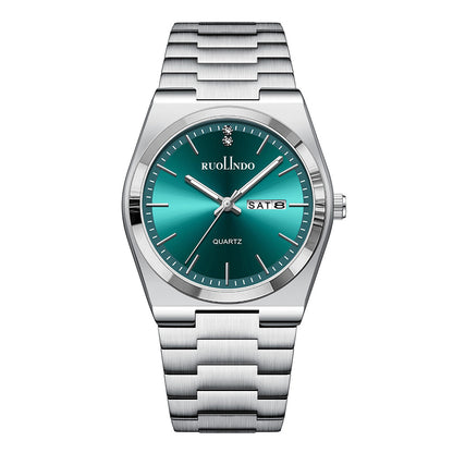 Stainless steel luminous men's wrist watch with green dial and metal bracelet
