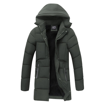 Green winter coat with a hood on a white background