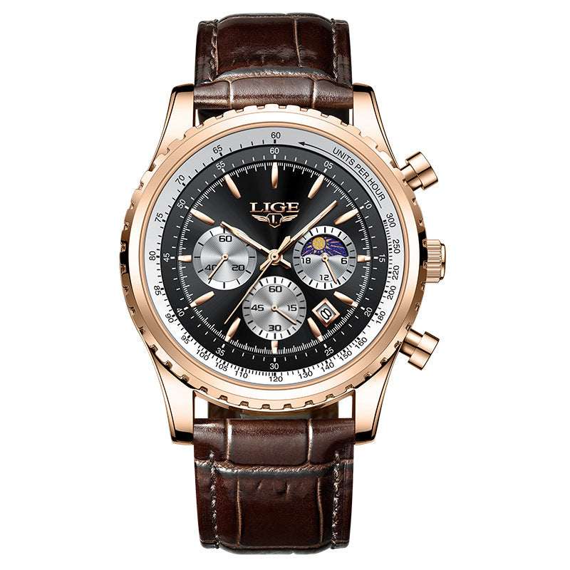Rose-gold multifunction waterproof watch with dark dial and brown leather strap