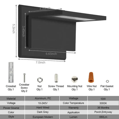 Modern outdoor wall sconce dimension diagram with mounting hardware pieces