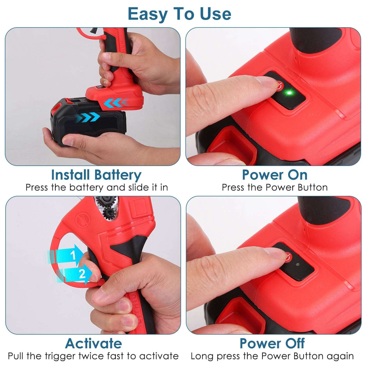 Red cordless pruning shears with removable battery being installed and powered on