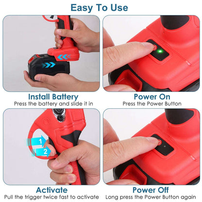 Red cordless pruning shears with removable battery being installed and powered on