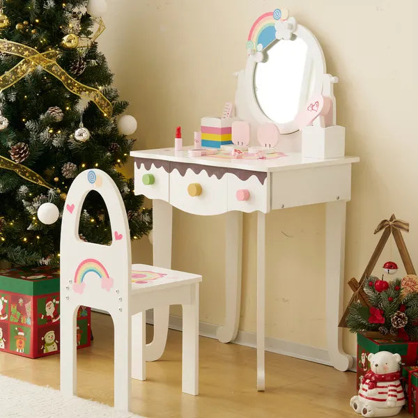 Kids Princess Vanity Table & Chair Set | 7-Piece Pretend Play Makeup Toys