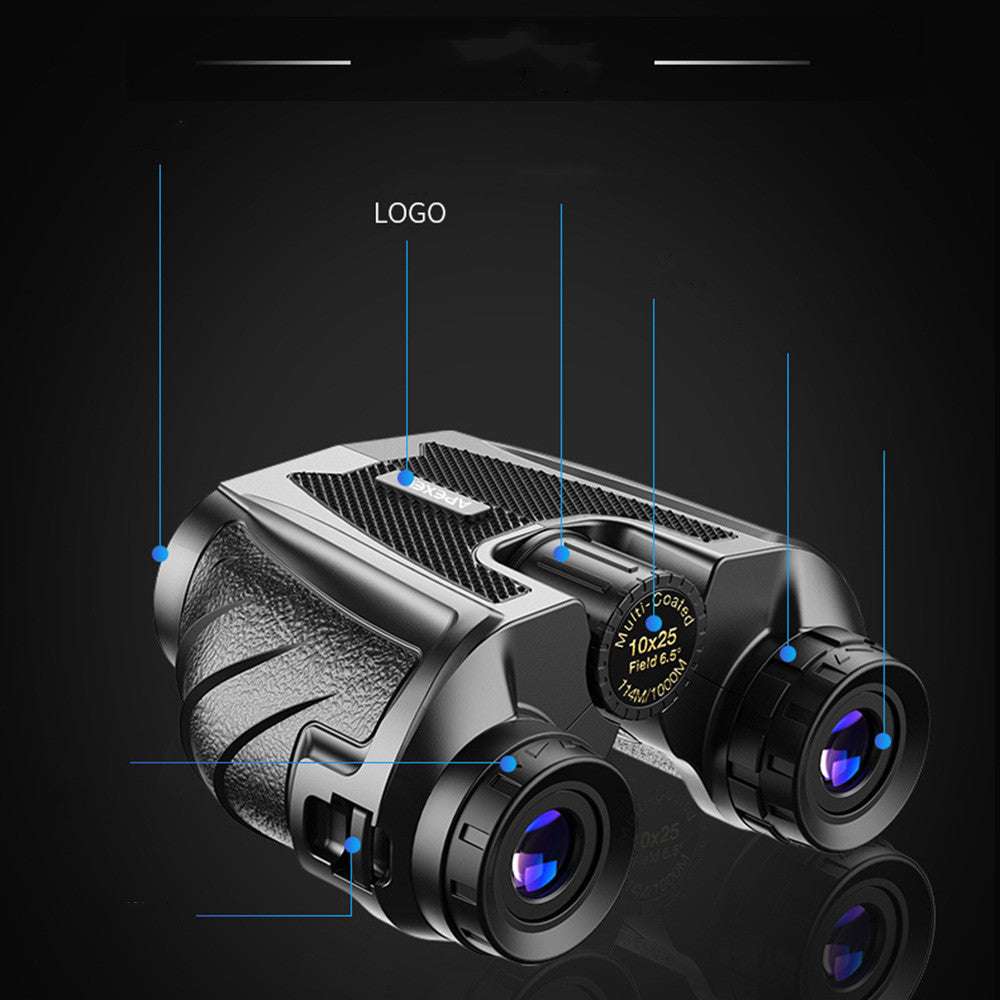 Binoculars with labeled components on a dark background