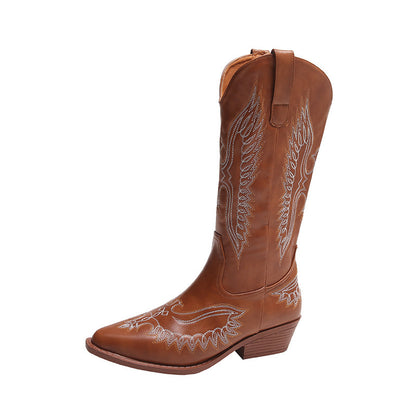 Fashion Embroidery Western Cowboy Boot Women Pointed Mid-calf