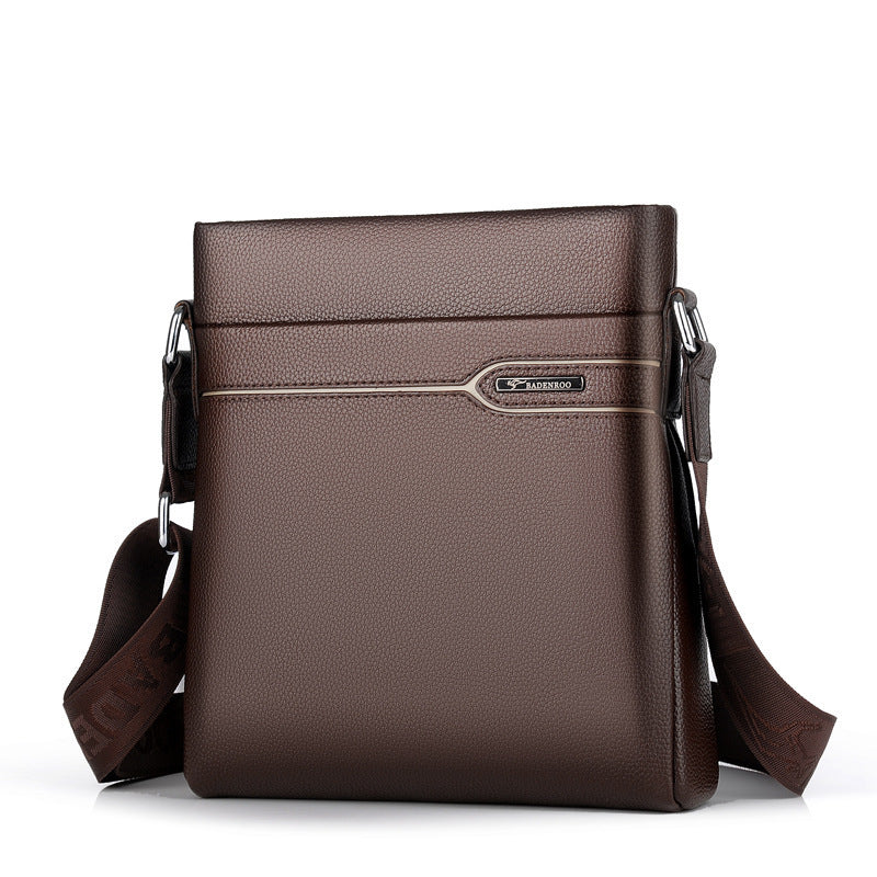 Men's brown leather crossbody bag with top flap and metal clasp