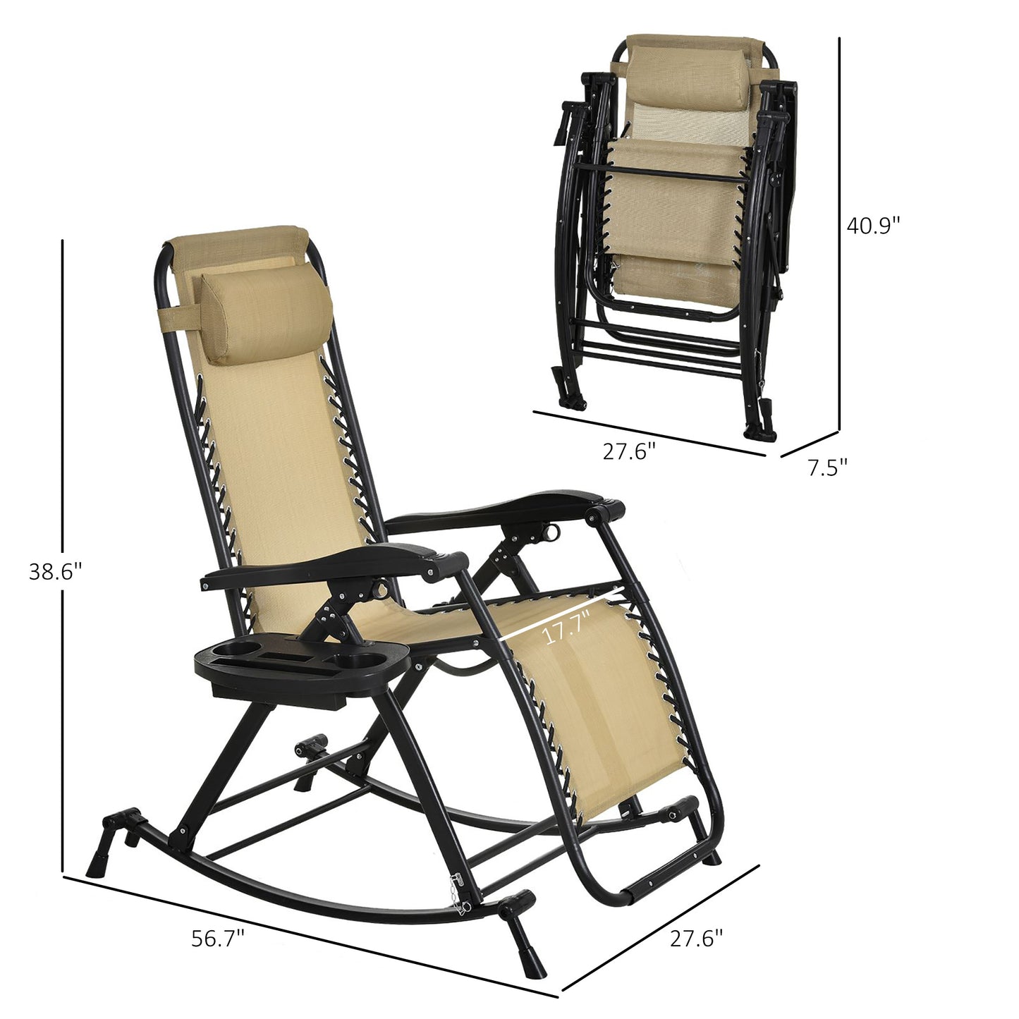 Foldable Zero Gravity Rocking Chair with Cup Holder & Pillow - Beige