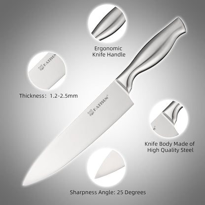 Chef knife with stainless blade and ergonomic handle, angled close-up
