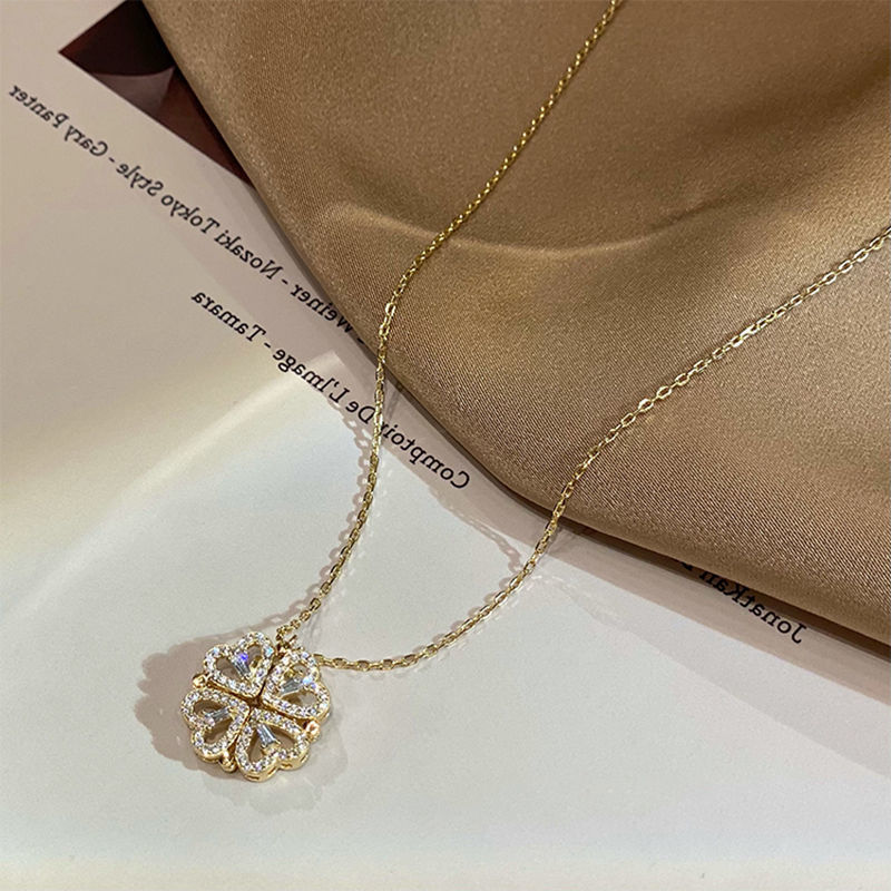 Romantic Surprise - Folding Heart Necklace Retro Magnetic Folding Heart Shaped Four Leaf Clover Pendant Necklace Women Love Clavicle Chain Gifts Openable Choker Jewelry | Ectron Online