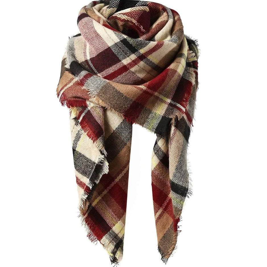 Oversized plaid square scarf shawl with red, cream, and dark stripes and fringe