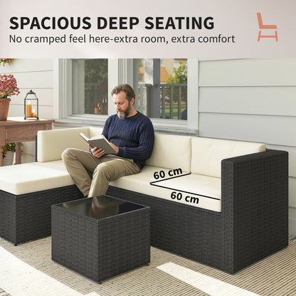 Dark wicker outdoor patio sectional with beige cushions and matching square table