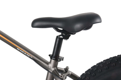 Bike saddle and handlebar stem on dark frame; close-up view