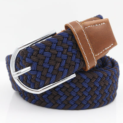 Simple Stretch And Breathable Canvas Woven Belt with blue and brown colors and a metal buckle.