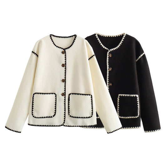 Graceful European And American Style Color Matching Pocket Decorative Woolen Fashionable Jacket