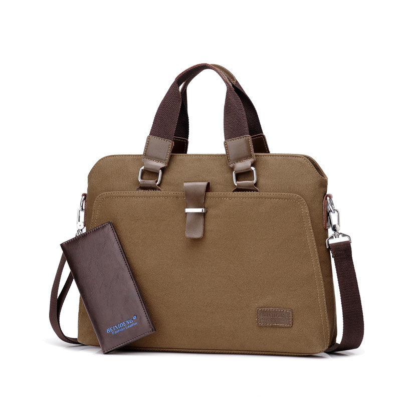 Coffee brown canvas briefcase with top handles, shoulder strap, and purple card holder pouch