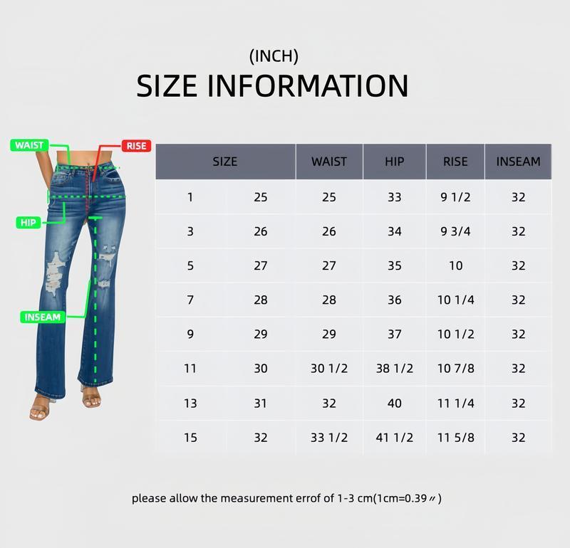 Jeans size chart showing waist, hip, rise, and inseam for high-waist ankle fit