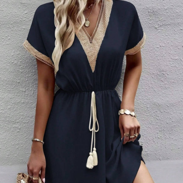 Women’s Stylish Summer V-Neck Fringed Belted Dress